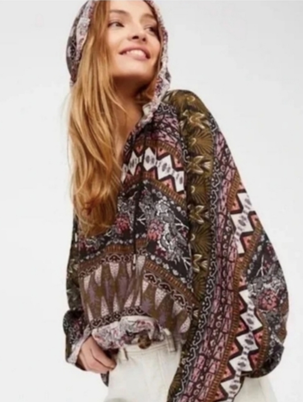 Free People Black Aztec Print Hold On Tight Gauze Hooded Oversized Top XS/S